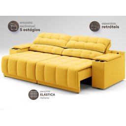 Sofá com Porta Copos Carregador USB Ret Rec Samurai 2,50m Velosuede Canário - NETSOFAS - 5