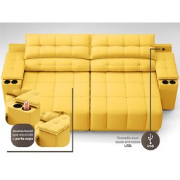Sofá com Porta Copos Carregador USB Ret Rec Samurai 2,50m Velosuede Canário - NETSOFAS - 2
