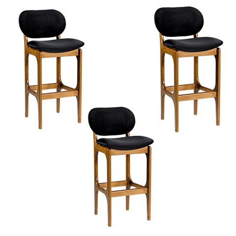 Kit 3 Banquetas Alta Madeira Maciça Soshoku Veludo Preto/imbuia - Gran Belo