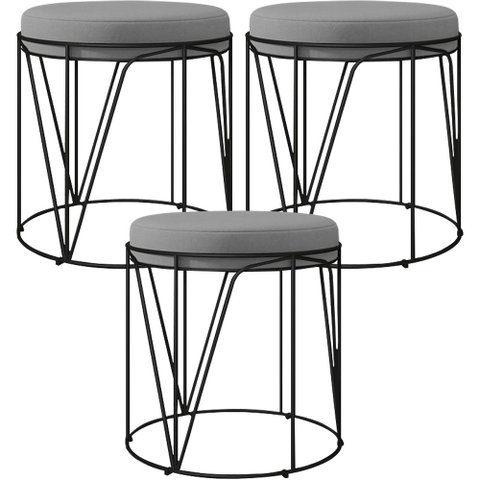 Kit 03 Puffs Decorativo Aramado Preto Zaya L02 Corano Cinza - Lyam Decor