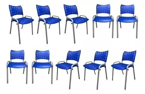 Kit Com 10 Cadeiras Iso Para Escola Escritório Comércio Azul Base Prata