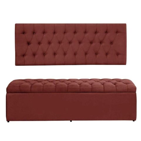 Kit Painel Cabeceira com Bau Calçadeira Dubai 1,28m para Cama Viúva Solteirão Suede Vermelho -