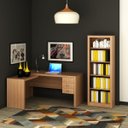 Ver imagem 1 de Mesa Escritório Ofice em L 2 Gavetas e Estante de Livros Amêndoa
