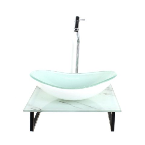 Gabinete de Vidro com Cuba Oval com Tampo de Vidro 40cm X 40cm Mármore Branco Mais Torneira Metal