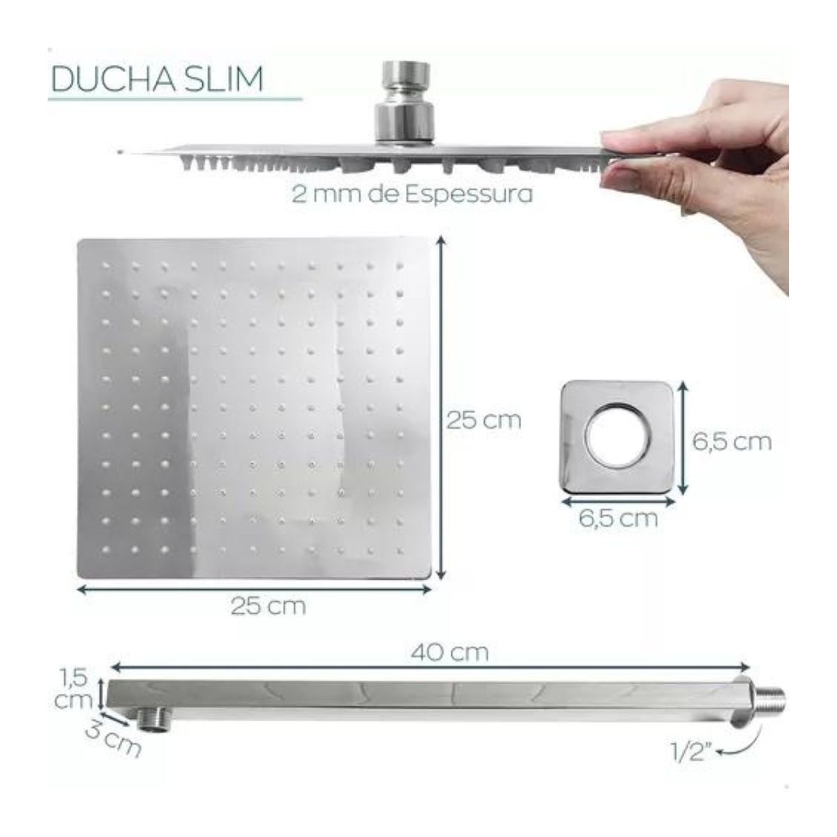 Ducha Chuveiro Inox Quadrado 25x25 Banheiro Cascata Slim - 2