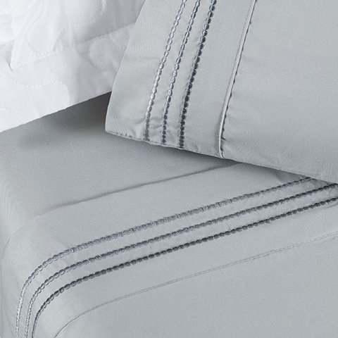 Jogo de Lençol Queen Yara Bordado 4 Peças Cinza