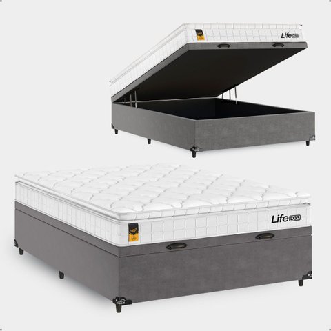 Cama Box Baú Casal Cinza + Colchão Life D33 Pillow Top 61x138x188cm Branco - e-Shop Casa