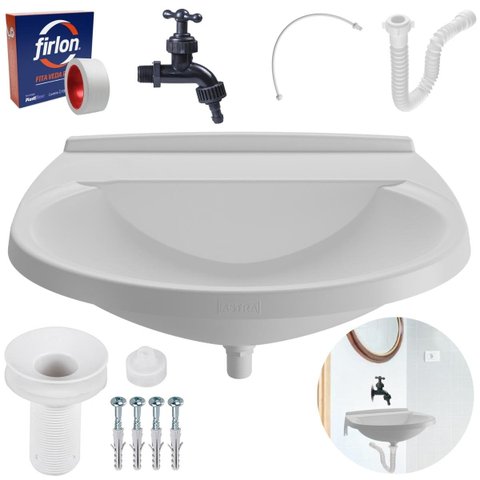 Pia Lavatório Banheiro 8L + Torneira Reforçada + Sifão Universal + Engate Flexível + Veda Rosca
