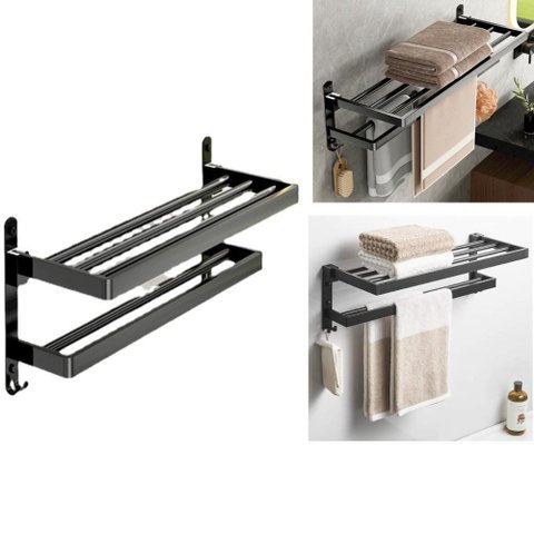 Toalheiro Duplo Alumínio Porta Toalha 2 Prateleiras Black Banho Suporte Retrátil Dobrável Parede