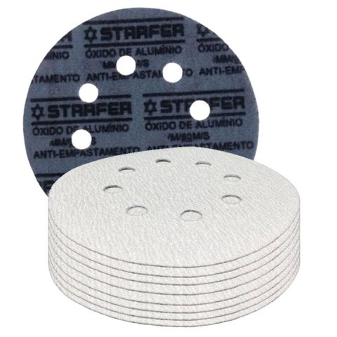 Kit 10 Disco de Lixa Velcro Branco Pluma 8 Furos 180mm Grão 80 - Starfer