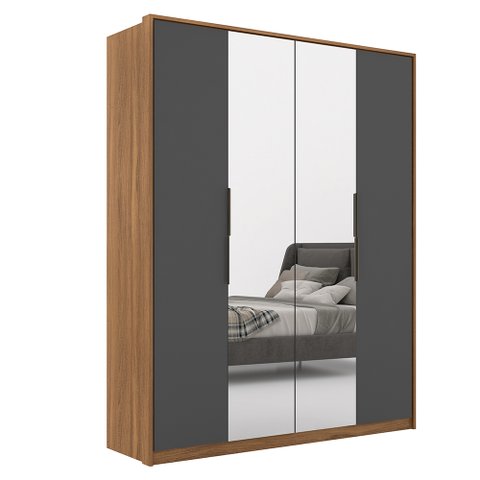Guarda-Roupa Roupeiro de Casal Florença 4 Portas com Espelho Amêndola/Grafito