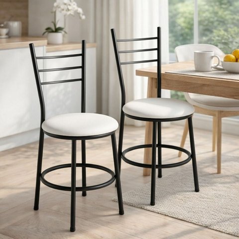 Kit 2 Cadeiras em Ferro Estofada Resistente Aconchegante Cozinha Oferta Estrutura Preta Liz:Branco