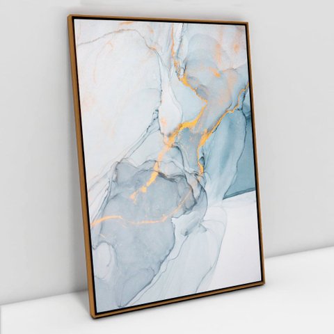 Quadro Decorativo em Canvas Abstrato Mármore Azul Suave TaColado Moldura Flutuante 4,5cm Freijó 120 