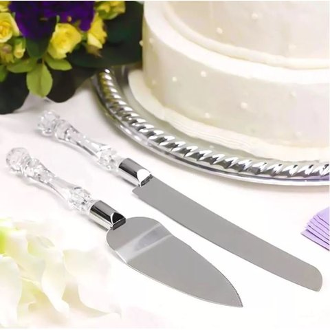 Kit Faca Espátula Bolo Pães Torta Aço Inox Cabo Acrílico para Servir - Cortar Bolo Torta Festa Anive