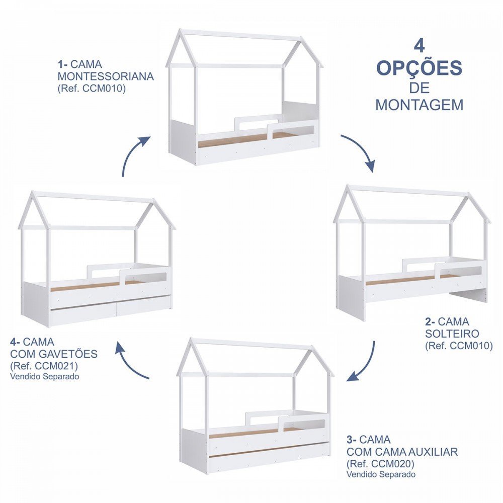 Cama Infantil Montessoriana sem Colchão com Cama Auxiliar Linha Infanto Branco Ccm020 Completa Móvei - 3