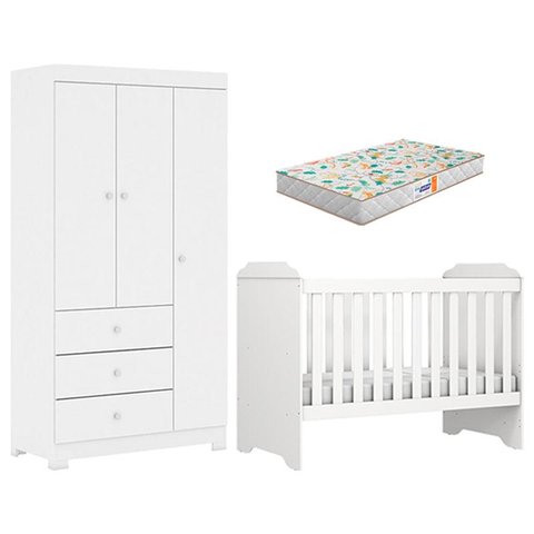 Berço Americano Mini Cama Mel e Guarda Roupa Duda 3 Portas Branco Brilho com Colchão Gazin – Phoenix