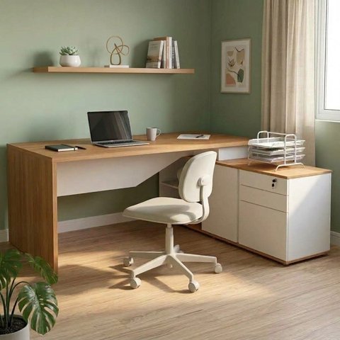 Mesa em L Diretor 1 Porta 3 Gavetas com Chave Pasta Suspensa e Nichos 180x75,5x160,1cm Itapuã/Branco