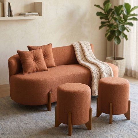 Conjunto Sofá Curvo Orgânico + 02 Puff Luna Boucle Terracota - Montanaris Decor