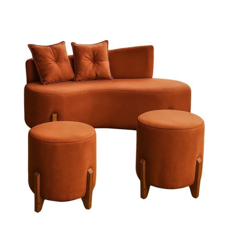 Conjunto Sofá Curvo Orgânico + 02 Puff Luna Boucle Terracota - Montanaris Decor