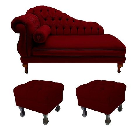 Divã Recamier Namoradeira Larissa 150cm + 2 Puffs Retrô Suede Bordô