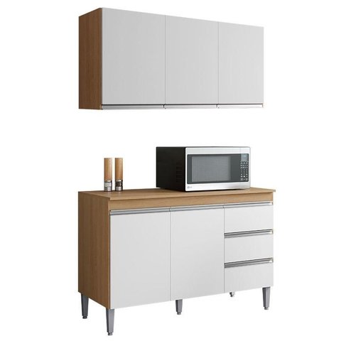 Balcão de Cozinha com Tampo 120cm e Armário Aéreo Andreia Amêndoa Branco - Ajl