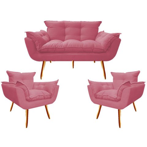 Kit Namoradeira + 2 Poltronas Decorativa Opala Suede Rosa Pés Madeira Mz Decor