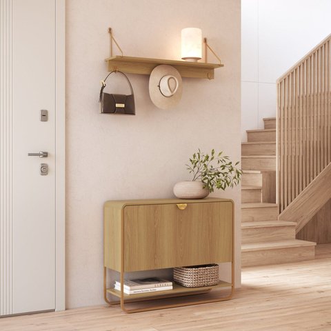 Conjunto com Sapateira Aparador e Prateleira Orgânico 1 Porta 93cm com Pé Metal 100% BP Luna Marrom/