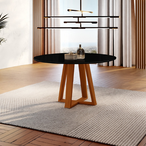 Mesa de Jantar Floripa 110cm Tampo Redondo Vidro Móveis Minas Preto