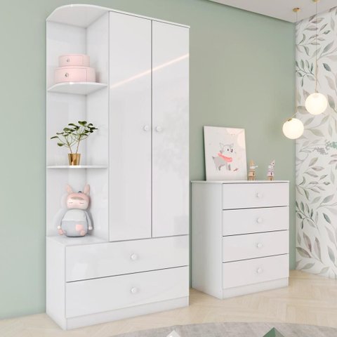 Guarda Roupa 2 Portas e Comoda 4 Gavetas Labirinto Branco Henn
