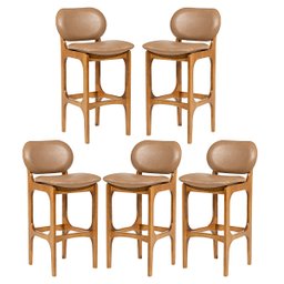 Kit 5 Banquetas Alta Estofada Rafine Madeira Castanho Tecido Impermeável Marrom - 1
