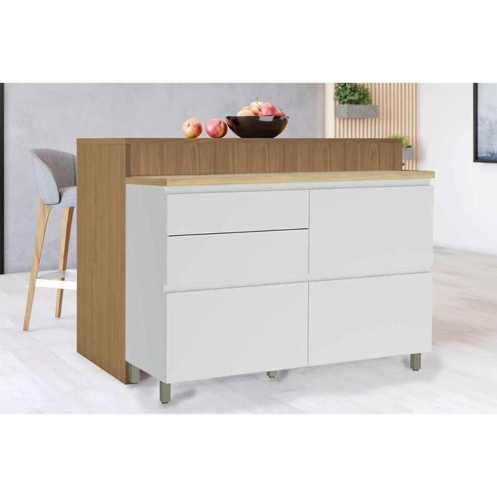 Bancada Ilha Cozinha Rainha com 1 Porta e 4 Gavetas 120cm Branca