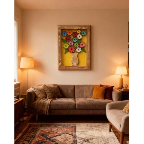 Quadro Rústico Flores de Madeira Artesanal Amarelo