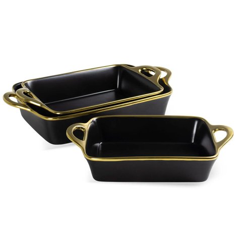 Conjunto 3 Travessas com Alça de Cerâmica Preto e Dourado UN0096 Btc