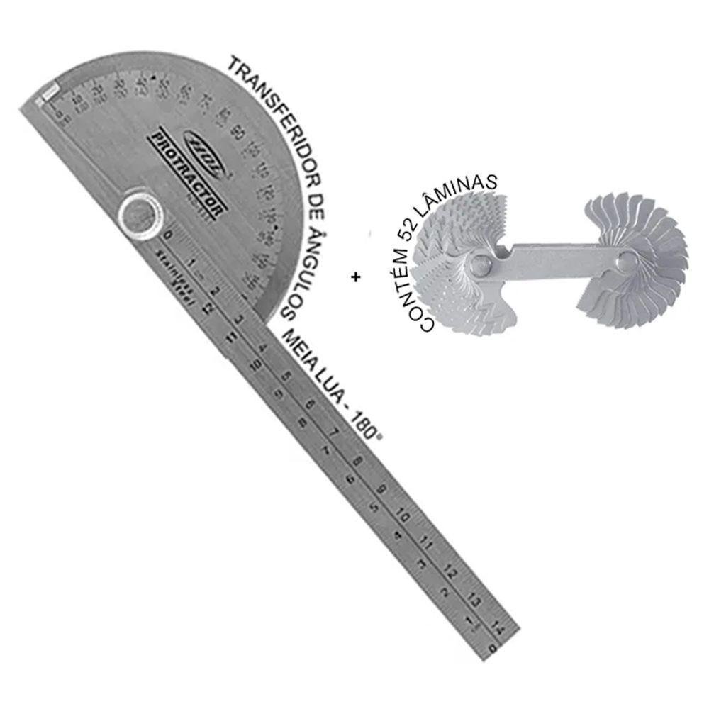 Calibre de Rosca 52 Lâminas + Transferidor 180º - 2 Peças