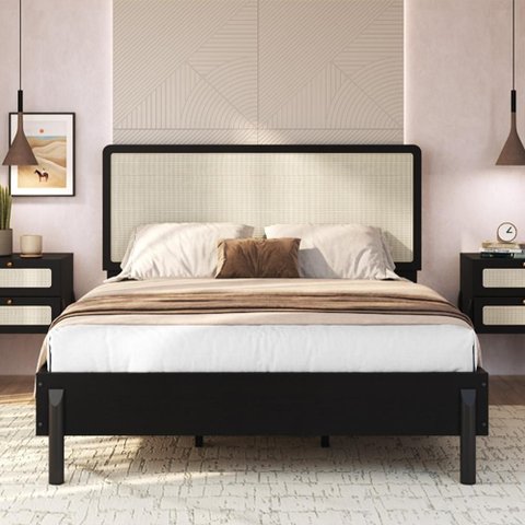 Cama Casal com Cabeceira Palhinha 138cm Moss A03 Nero - Lyam Decor
