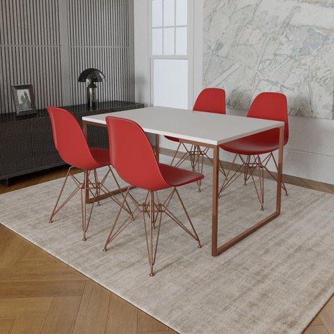 Mesa Industrial Base Ferro Cobre 137x90 Tampo Branco 4 Cadeiras Eiffel Ferro Cobre Assento Vermelho