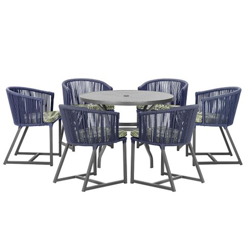 Mesa com 6 Cadeiras de Jantar Roma 120cm e Noronha em Alumínio Preto Corda Náutica Estofado 5 Trama