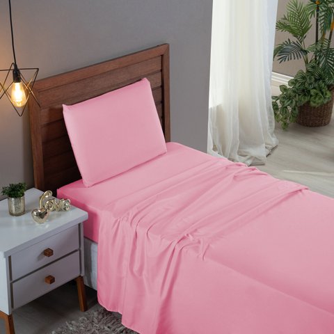 Kit Jogo de Cama Lençol Solteiro 300 Fios Algodão com Virol 3 Peças:rose