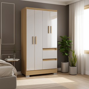 Guarda Roupa Solteiro 4 Portas 2 gavetas Off-white MDP Nápoles Poquema Móveis