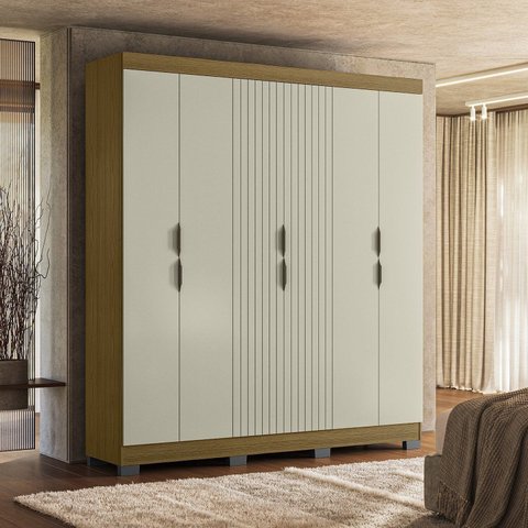 Guarda-Roupa Casal Ripado com 6 Portas e 2 Gavetas York Marrom/Freijó/Off White