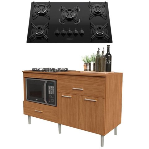 Conjunto Balcão de Cozinha 1,40m Turim com Cooktop 5 Bocas Essencial 2 Portas 2 Gavetas Nature
