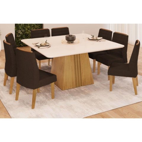 Sala de Jantar Completa Itália Tampo Madeirado C/ Vidro Curvo 136x136cm e 8 Cadeiras Ondina Cedro/