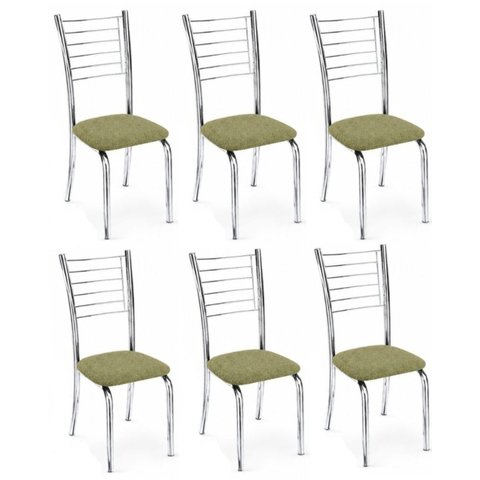Kit 6 Cadeiras Lara Cromada para Cozinha em Aço Super Resistente-Assento Sintético Boucle Verde Oliv