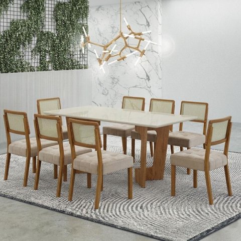 Mesa de Jantar Liz 180x90cm Vidro 25mm Cinamomo Off White com Kit 8 Cadeiras Veludo Bege -Valdemó