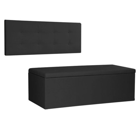 Kit Painel e Calçadeira Baú Casal 1,40m Berlim Suede - Pallazio Preto