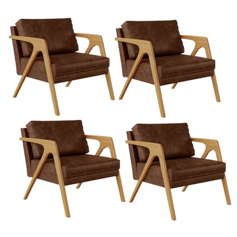 Kit 04 Poltronas Decorativa Sala Estar Pietra Com Estrutura Madeira L02 Couríssimo Marrom-Lyam