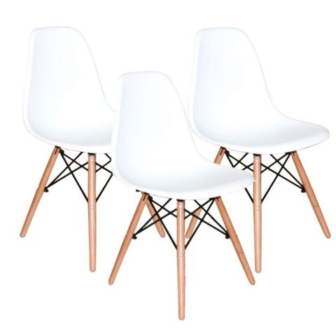 Kit 3 Cadeiras Charles Eames Eiffel Base Madeira Sala de Jantar Cozinha Branco Branco
