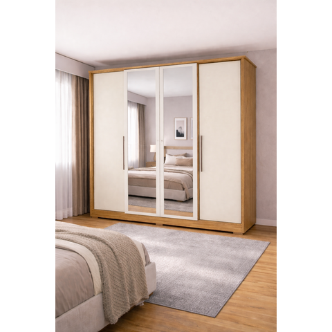 Guarda-Roupa Casal 4 Portas 2 Gavetas com Espelho Mônaco Branco/Marrocos/Off White