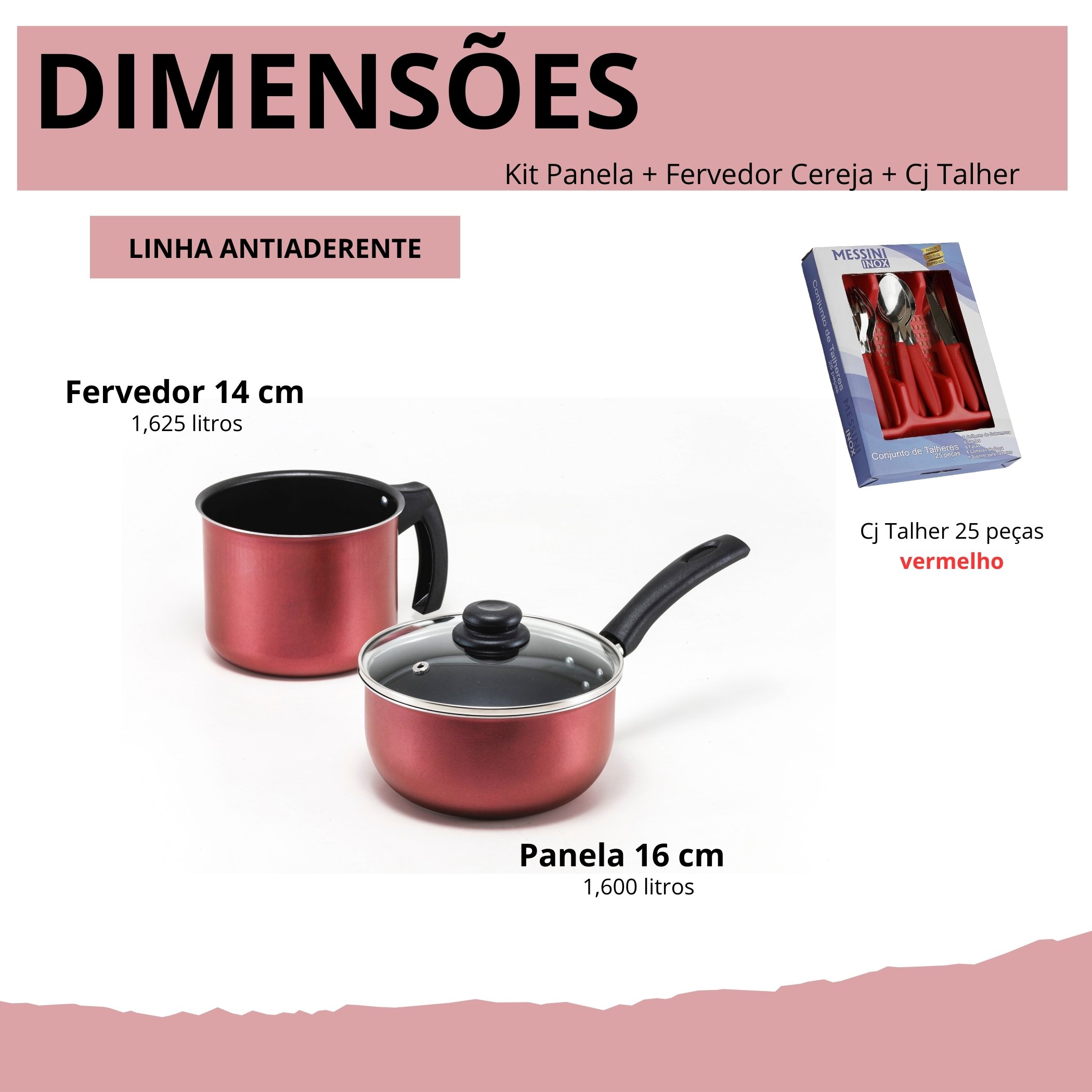 Kit Panela 16 Cm Cereja Antiaderente Tampa de Vidro e Fervedor 14 Cm Cereja + Cj Talher 25 Pcs - 3