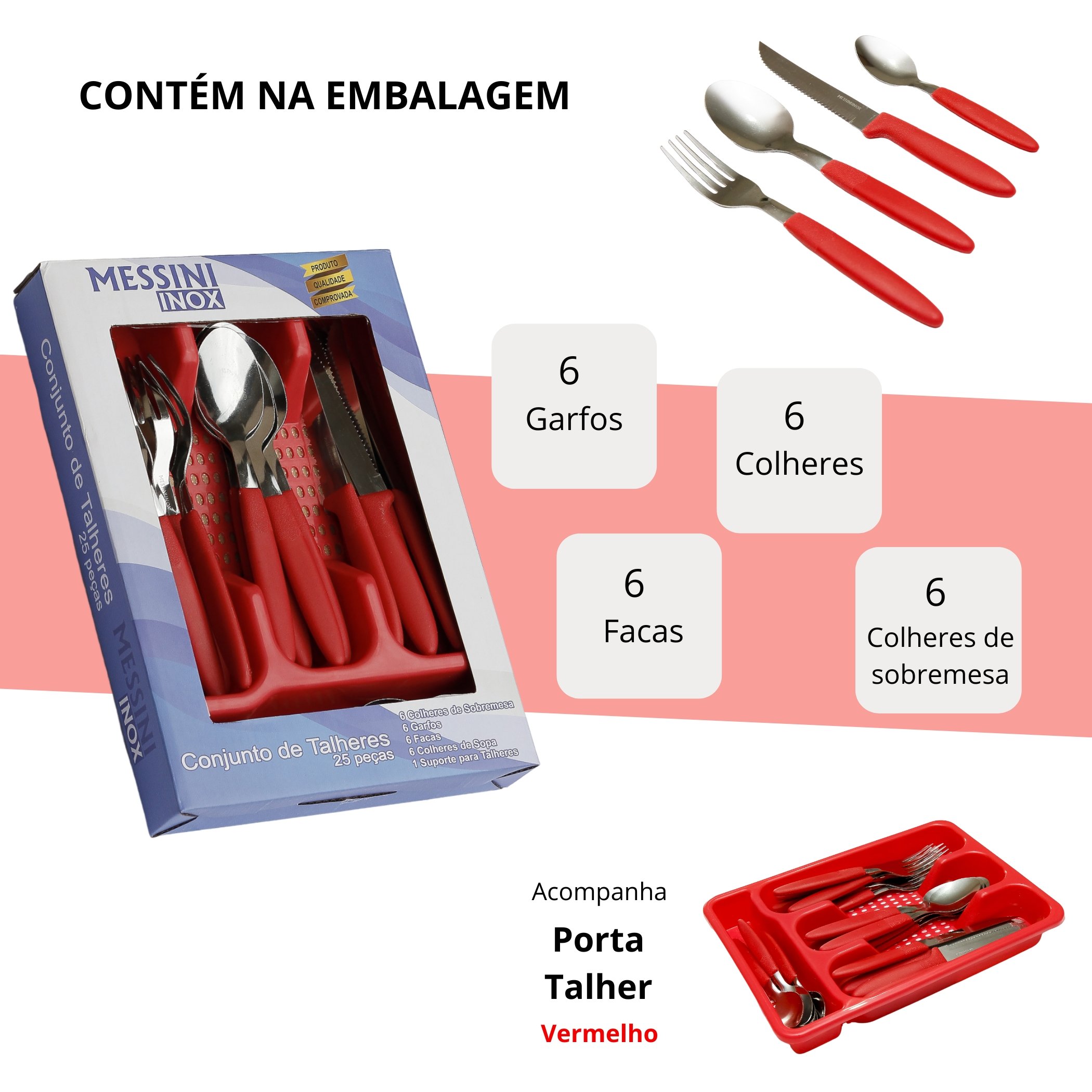 Kit Panela 16 Cm Cereja Antiaderente Tampa de Vidro e Fervedor 14 Cm Cereja + Cj Talher 25 Pcs - 5